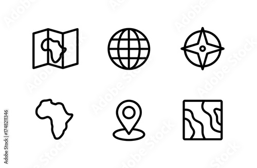 Minimalist geographical icons set featuring maps, globe, and compass elements