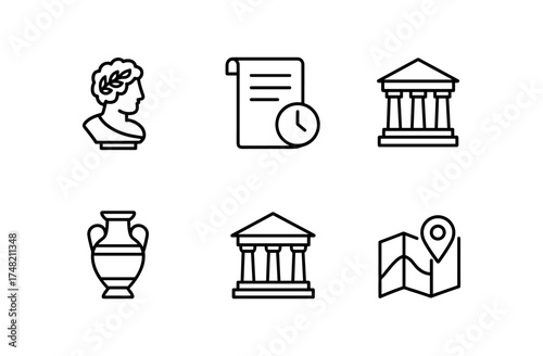 Classical history icons set: linear art of ancient buildings, documents, and artifacts