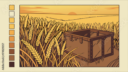 Wheat Field with Vintage Chest at Sunset.
