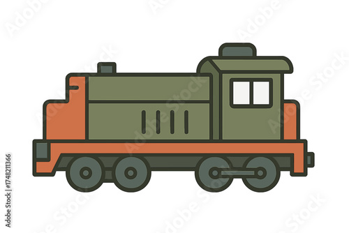 Stylized cartoon graphic of a small diesel locomotive vehicle in green and orange colors