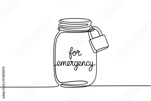 Continuous line drawing of a locked jar labeled for emergency savings