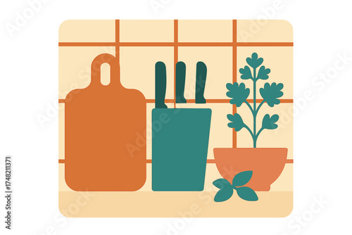 Kitchen counter with cutting board, knife block, and potted herbs against a tiled wall