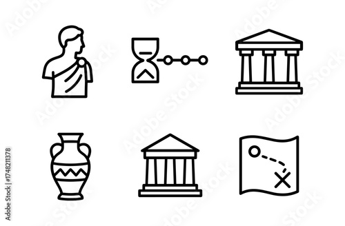 Minimalist ancient history icons set featuring greek artifacts and landmarks