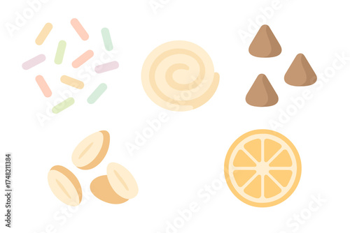 Sweet dessert toppings and baking ingredients set including sprinkles, chocolate, cream, nuts, and citrus slice