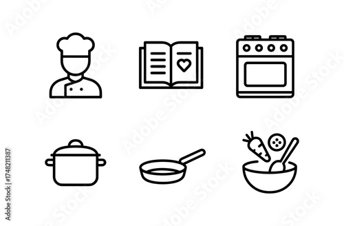Cooking essentials icons: chef, cookbook, oven, pot, pan, and bowl in linear design