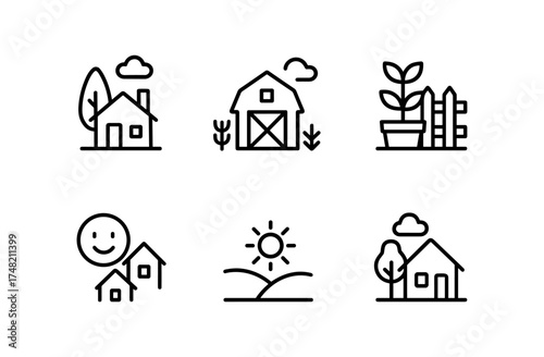 Simple line art of rural landscape elements: houses, barns, and nature icons