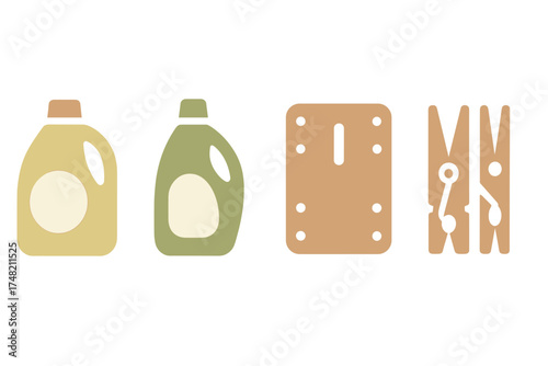 Minimalist set of laundry supplies including detergent bottles and wooden clothespin