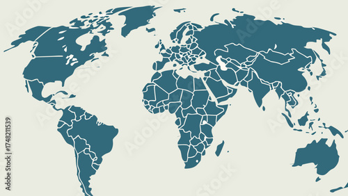 World Map Illustration in Teal and Beige.