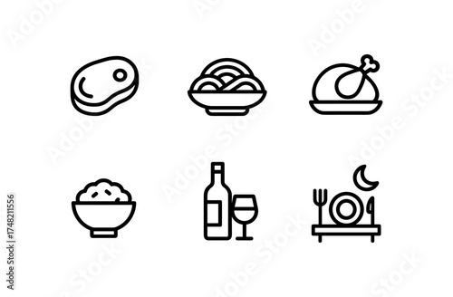 Minimalist food and dining icons: meat, pasta, chicken, rice, wine, dinner setting