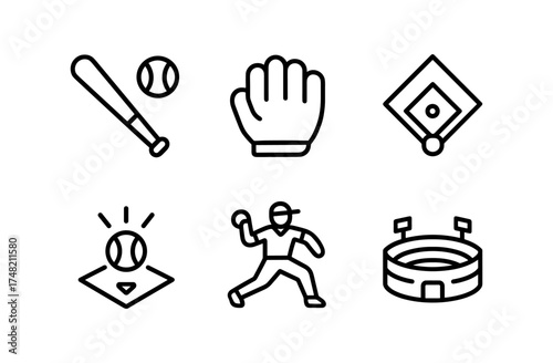 Minimalist baseball icons: glove, bat, ball, field, pitcher, stadium