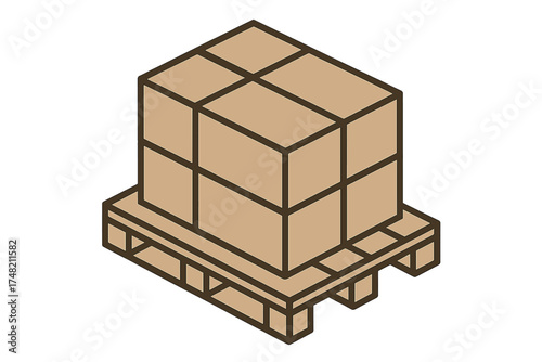 Stacked cardboard shipping boxes resting securely on a wooden transport pallet in isometric view