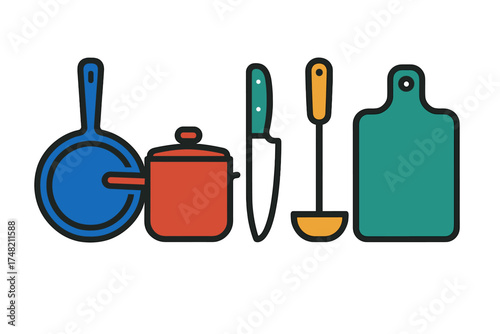Set of essential kitchen cooking equipment including pan, pot, knife, ladle, and chopping board