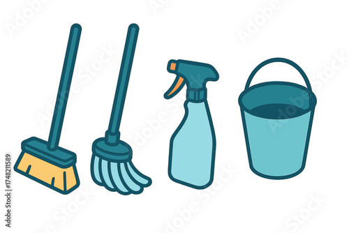 Essential household cleaning tools collection with brooms, spray bottle, and water bucket