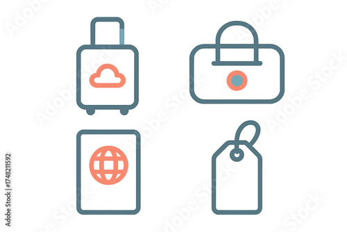 Essential travel items including suitcase, duffel bag, passport, and luggage tag icons