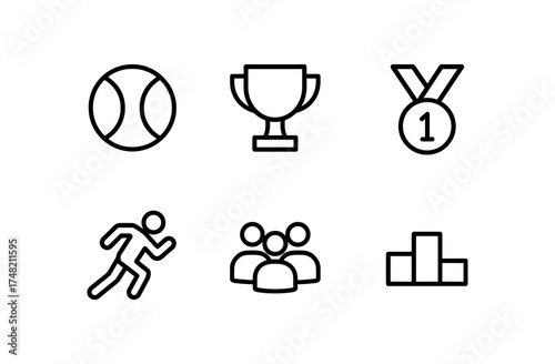 Line art sports icons set: ball, trophy, medal, runner, team, podium