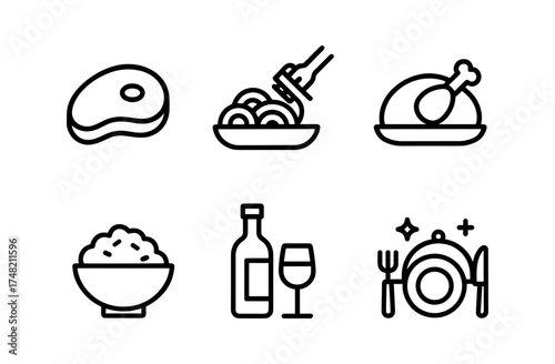 Minimalist line art cuisine icons featuring meat, pasta, chicken, rice, wine, and dining elements