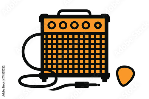 Orange and black electric guitar amplifier speaker cabinet with cable and plectrum
