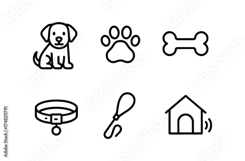 Simple pet icons: dog, paw, bone, collar, leash, kennel in linear design