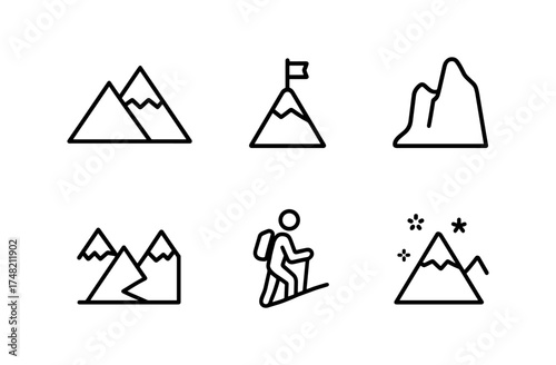 Minimalist hiking and mountain icons with linear style for outdoor adventure themes