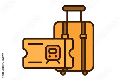 Large rolling suitcase next to a train ticket stub symbolizing railway travel and vacation planning