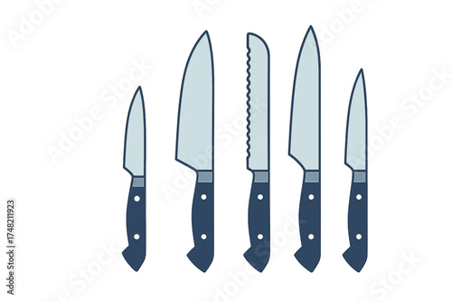 Assortment of sharp professional cooking knives for food preparation and slicing