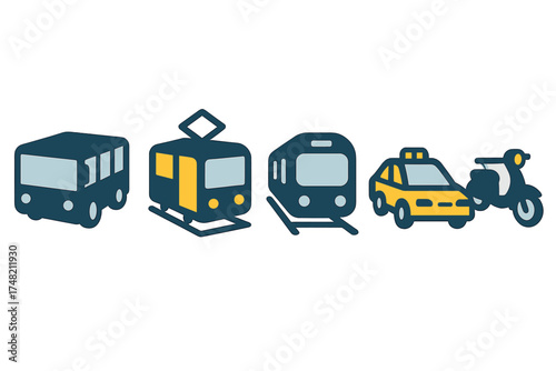 Set of public transportation and urban vehicles icons including bus tram train subway and taxi