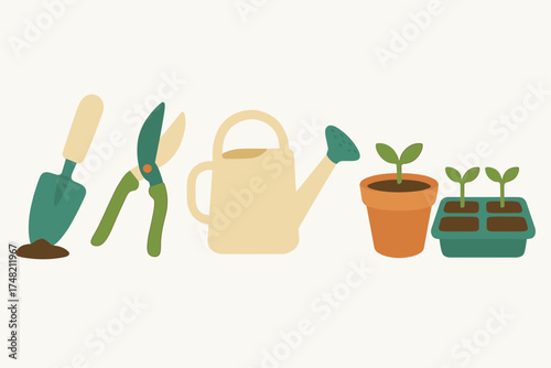Collection of essential gardening tools and young plants ready for spring planting