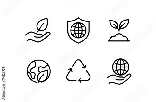 Minimalist eco icons featuring sustainability symbols and recyclable elements