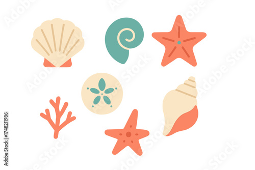 Colorful collection of sea shells, starfish, sand dollar, and coral elements