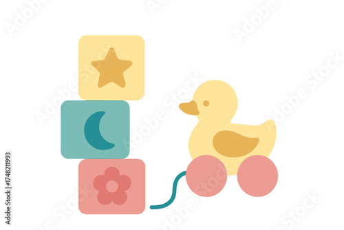 Pastel wooden children's toys including pull-along duck and stacking blocks with shapes