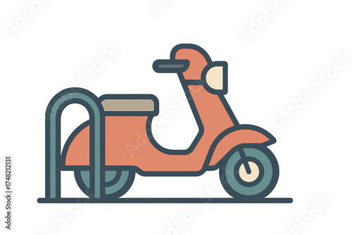 Vintage style motor scooter parked and locked to a metal bike rack in an urban setting
