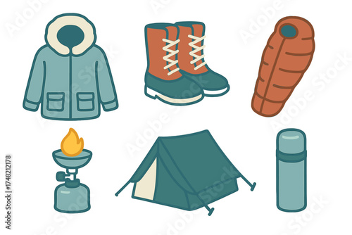 Essential winter camping and hiking gear collection featuring jacket boots sleeping bag tent and thermos