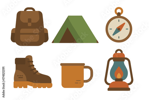 Outdoor adventure and camping equipment set featuring backpack tent compass and boot