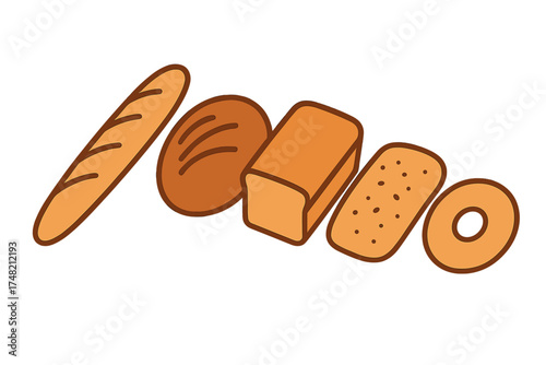 Assortment of essential bakery products including various shapes of bread and a classic bagel