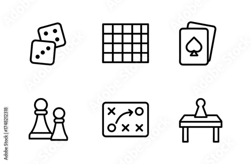 Line art game icons set: dice, cards, chess, puzzle, strategy, and table games