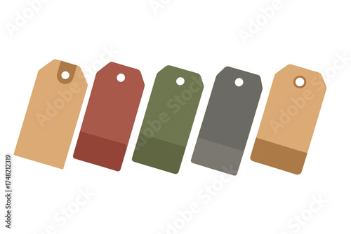 Set of five blank vintage style retail price tags in earthy muted colors arranged diagonally on white background