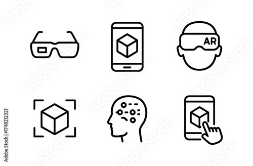 Augmented reality icons: glasses, smartphone, technology head, 3d box interaction