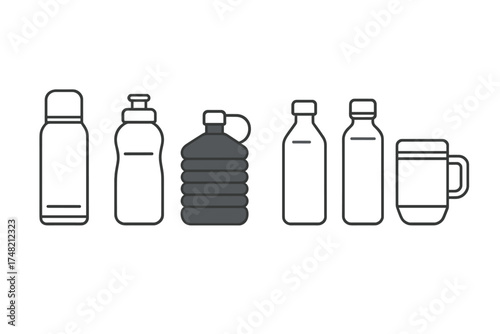 Collection of reusable and disposable hydration containers including bottles, thermos, sports flask, and travel mug