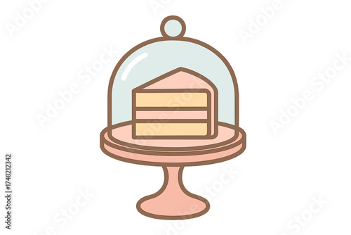 Single slice of layered cake on a pink pedestal stand covered by a glass dome cloche