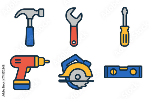 Collection of essential hand and power tools including hammer, wrench, screwdriver, drill, saw, and level