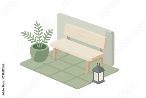 Cozy isometric seating area with wooden bench, potted plant, and decorative lantern on tiled floor