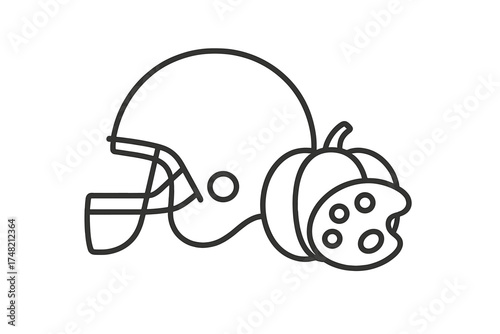 Monochrome line art icon of American football helmet, pumpkin, and artist palette