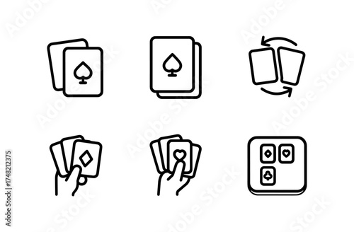 Minimalist card game icons set featuring line art design with playing cards and hands
