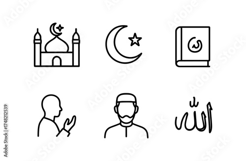 Islamic symbols collection: mosque, crescent, quran, prayer, muslim man, allah in simple line art