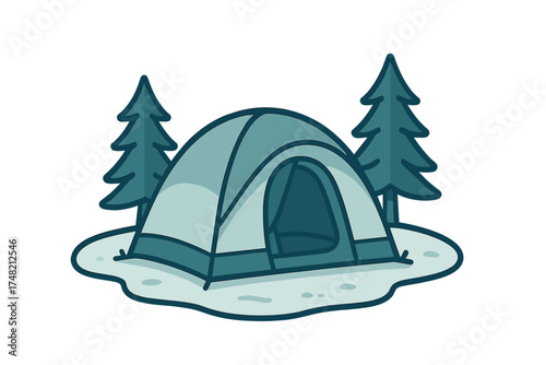 Blue camping tent set up in a forest clearing surrounded by pine trees
