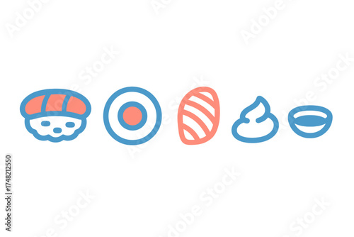Minimalist line art icons of various Japanese sushi pieces and related dipping sauce elements