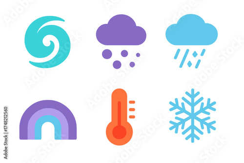 Colorful collection of weather condition icons: hurricane, snow, rain, rainbow, temperature, snowflake