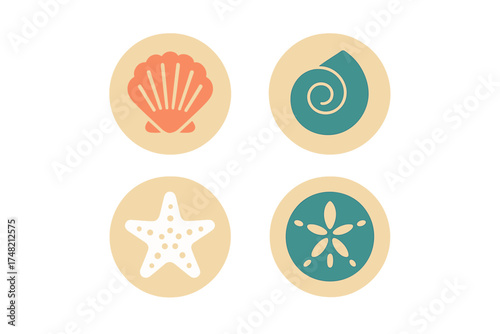 Flat design collection of four marine life symbols: scallop, conch, starfish, and sand dollar