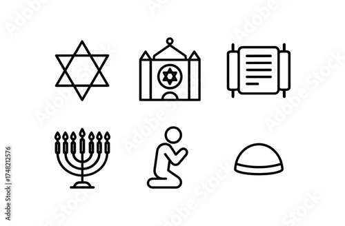 Linear jewish symbols: star, synagogue, scroll, menorah, prayer, kippah