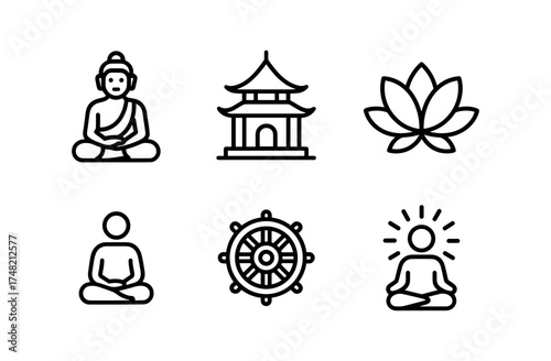 Minimalist icons of buddhism and meditation: buddha, lotus, temple, and wheel